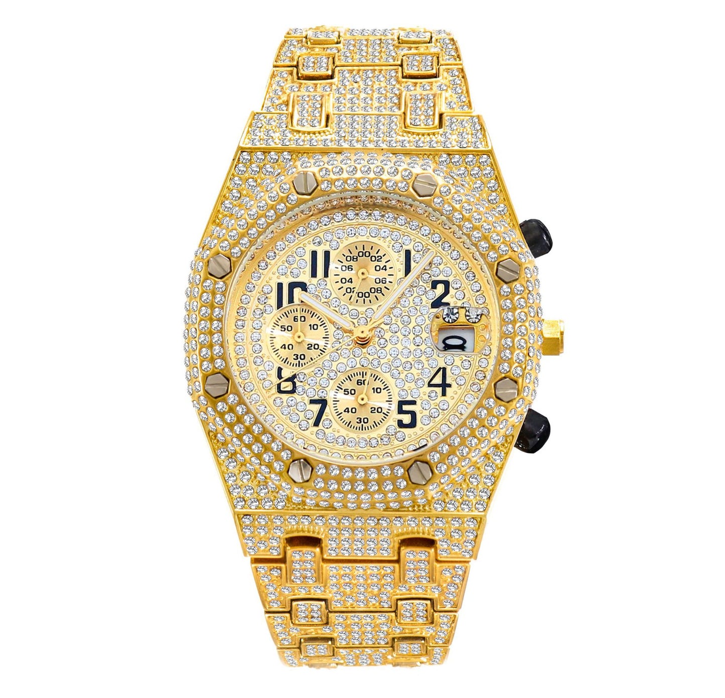 Full Diamond Men's Sports Quartz Watch – Luxury Three-Eye Timing Timepiece for Formal, Casual, and Outdoor Activities