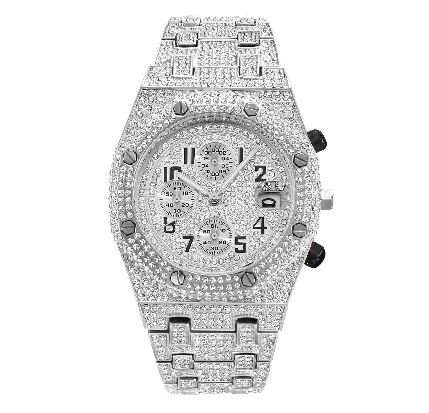 Full Diamond Men's Sports Quartz Watch – Luxury Three-Eye Timing Timepiece for Formal, Casual, and Outdoor Activities