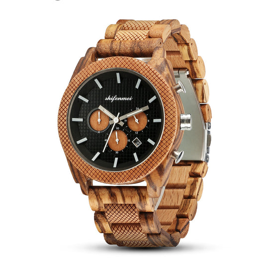 Mens Six Hand Chronograph Calendar Sports Wood Casual Watch Sports Watches Men – Chronograph, Analog Timepiece for Casual & Formal Occasions